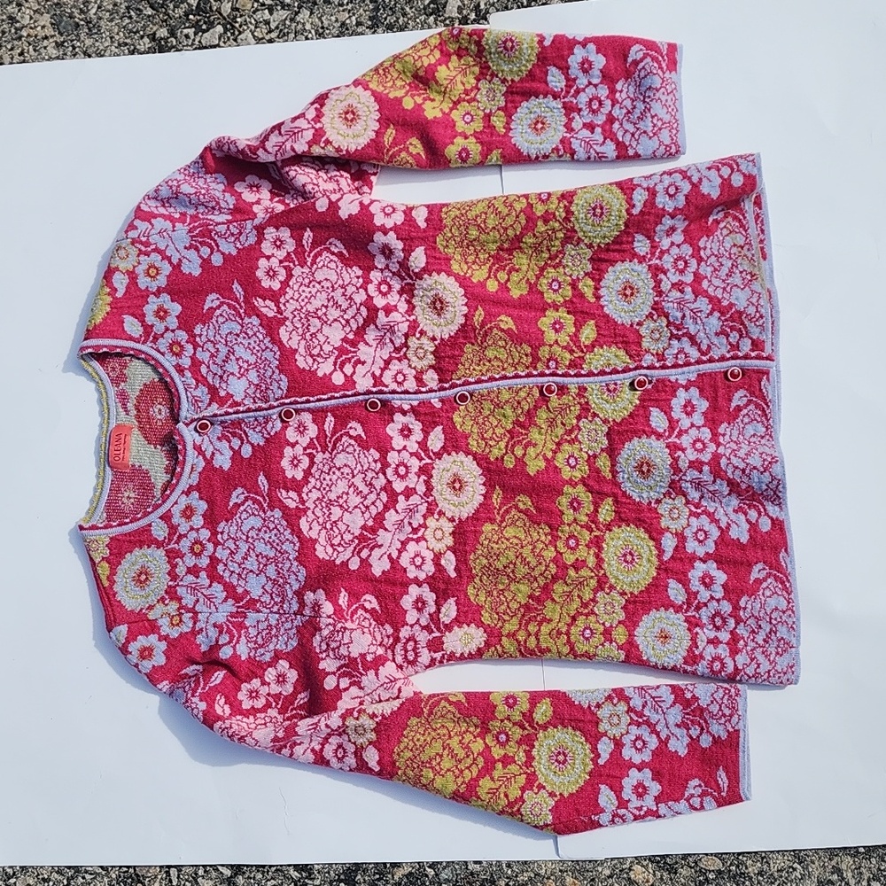 Oleana Porcelain Floral Button-Up Mid-Length Cardigan Silk Blend Large
